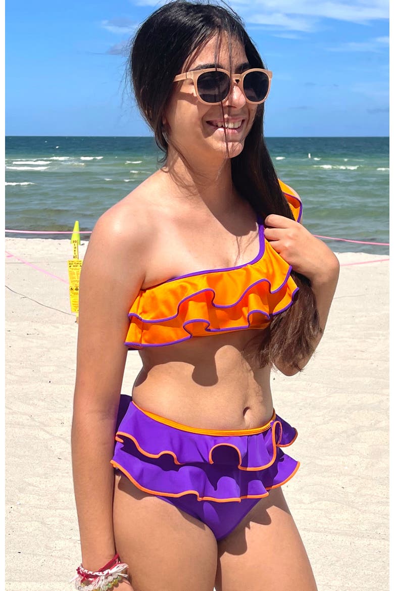 Kids' One Shoulder Multi-Layered Ruffle Two-Piece Bikini, Alternate, color, Orange-Blue