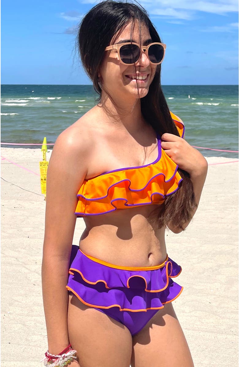 NESSI BYRD Kids' One Shoulder Multi-Layered Ruffle Two-Piece Bikini, Alternate, color, Orange-Blue