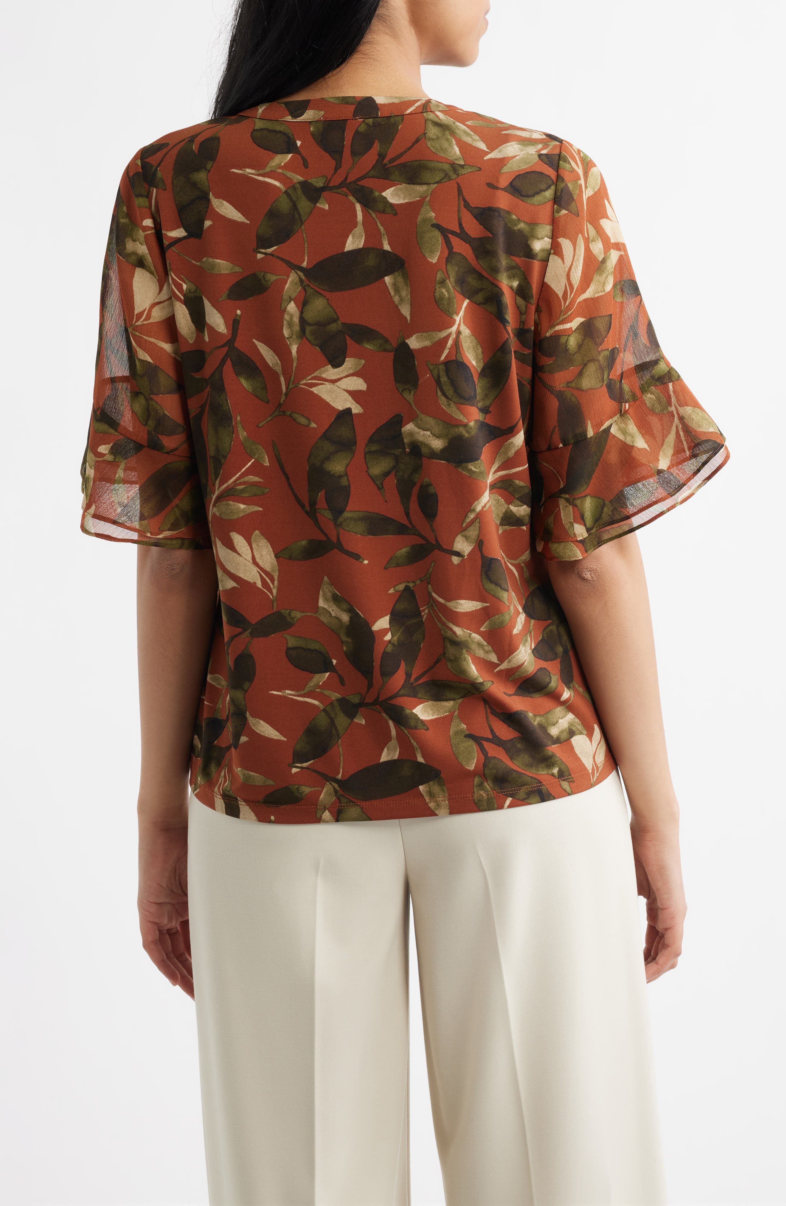 Leaf Print Ruffle Sleeve Shirt - image 2