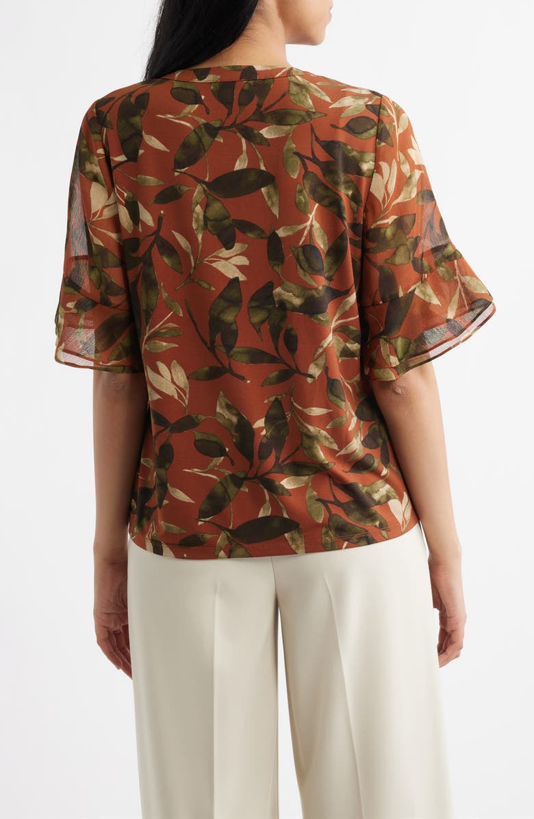 AK ANNE KLEIN Leaf Print Ruffle Sleeve Shirt, Alternate, color, Cedar Spc Mlt