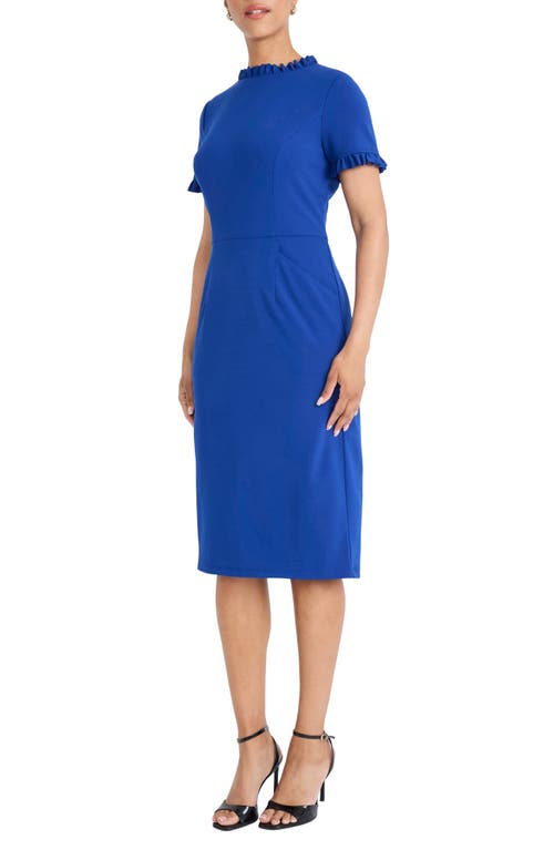 Maggy London Ruffle Short Sleeve Pocket Sheath Dress In Blue
