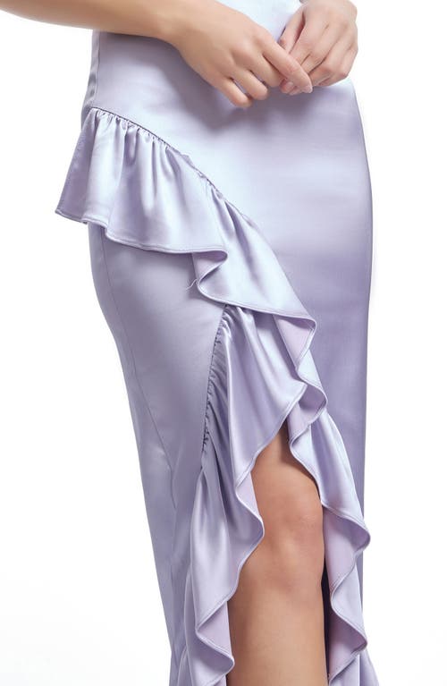 Shop Dress The Population Charlene Ruffle Satin Gown In Dusty Lavender