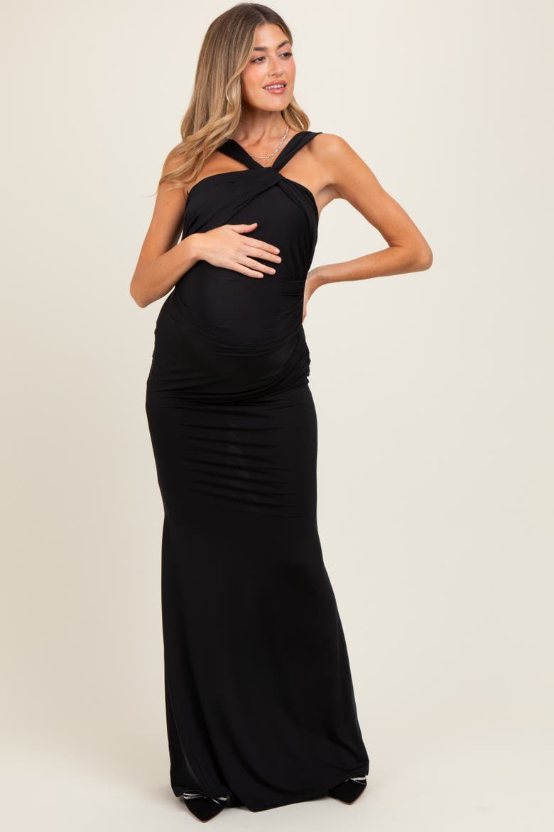 Twist Front Ruched Maxi Dress, Alternate, color, Black