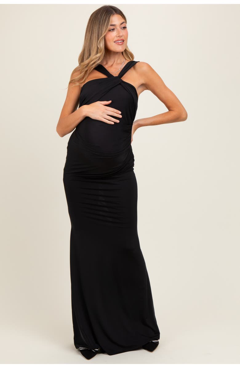 PinkBlush Twist Front Ruched Maxi Dress, Alternate, color, Black