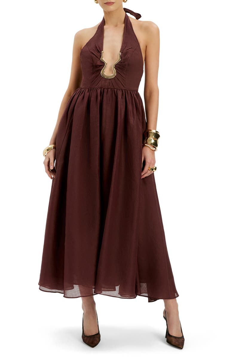 Bardot Cavarly Plunge Halter Neck Maxi Dress, Main, color, Chocolate