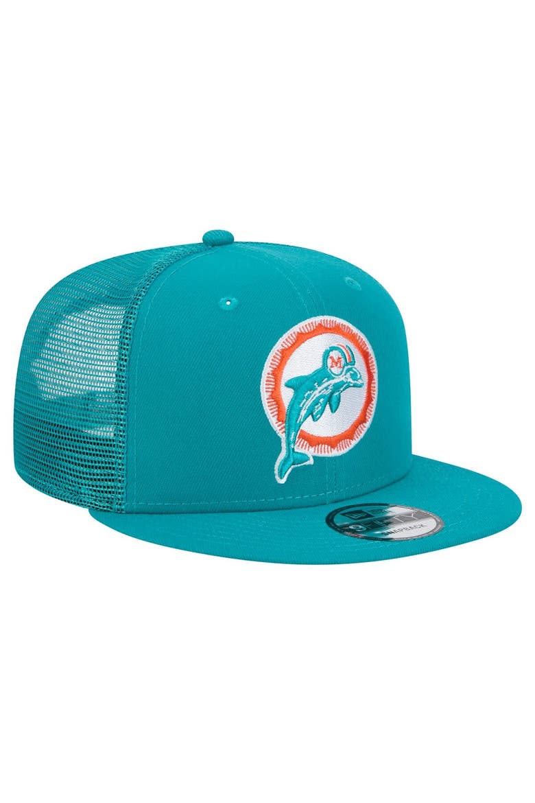 Men's New Era Aqua Miami Dolphins Throwback Main Trucker 9FIFTY Snapback Hat, Alternate, color, Aqua