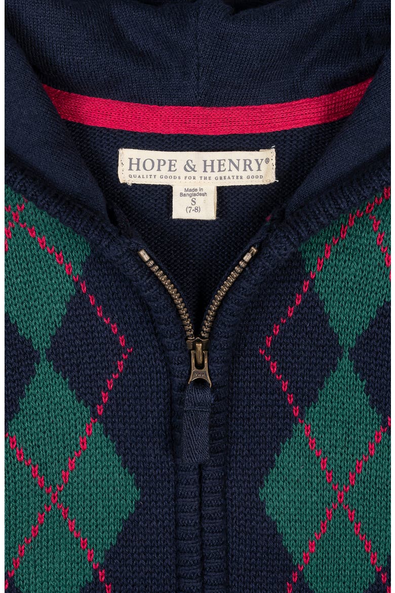 Kids' Organic Full Zip Hoodie Sweater, Alternate, color, Navy Argyle