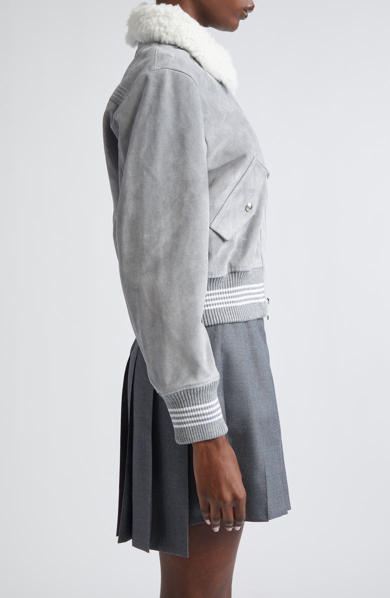 Thom Browne 4-Bar Suede Crop Bomber Jacket with Genuine Shearling Collar, Alternate, color, Medium Grey
