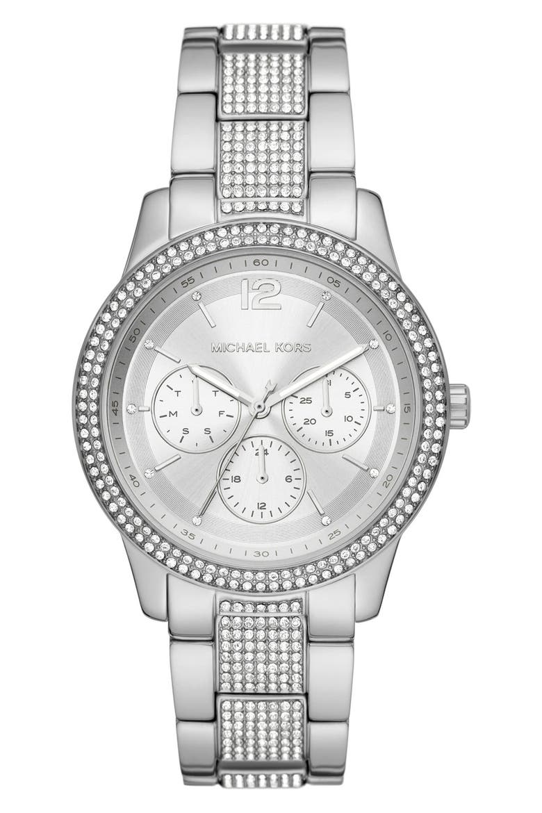 Tibby Pavé Bracelet Watch, 40mm, Main, color, SILVER
