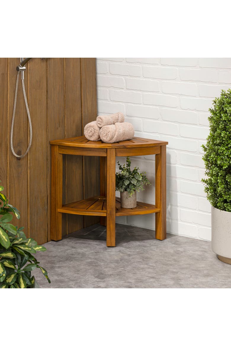 Maris Coastal Acacia Wood Corner Shower Stool, 2-Tier Indoor/Outdoor Bath Bench with Storage Shelf for Bathroom Spa, Alternate, color, Natural