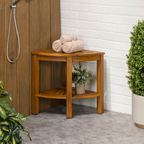 Jonathan Y Maris 18" Classic Coastal Solid Acacia Wood Indoor/outdoor Corner Shower Bench With Shelf In Brown