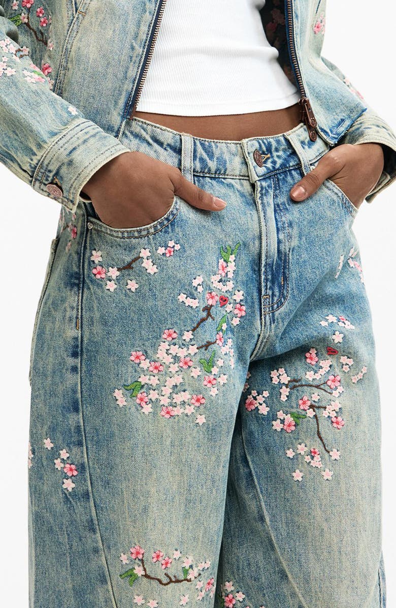 Desigual Floral Embroidery Straight Leg Jeans, Alternate, color, Medium Blue