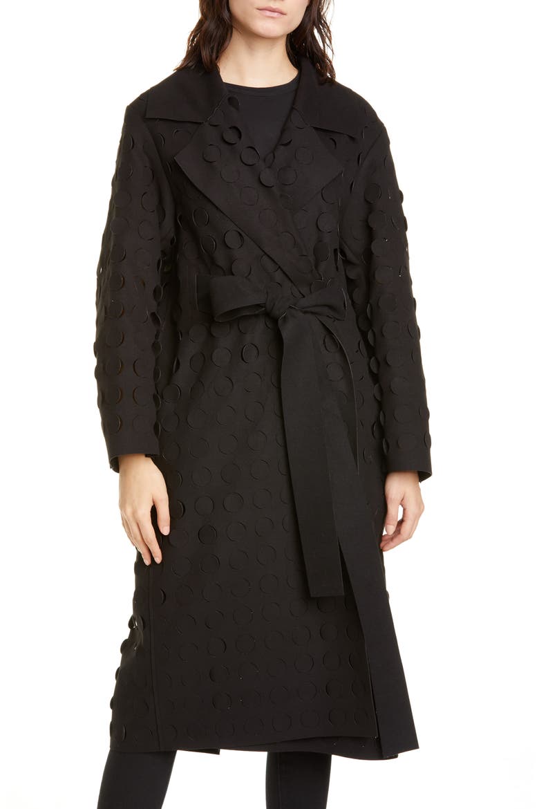 Laser Cut Circle Wrap Coat, Main, color, BLACK