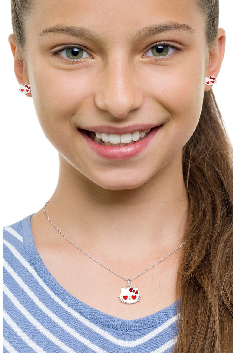 Hello Kitty® Cubic Zirconia & Enamel Pendant Necklace & Stud Earrings Set, Alternate, color, RED AND SILVER