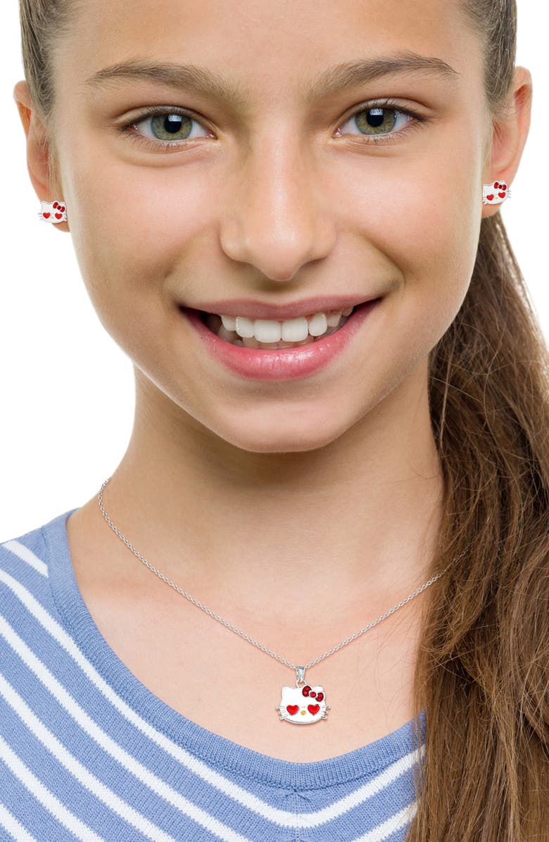 Jacmel Hello Kitty<sup>®</sup> Cubic Zirconia & Enamel Pendant Necklace & Stud Earrings Set, Alternate, color, Red And Silver