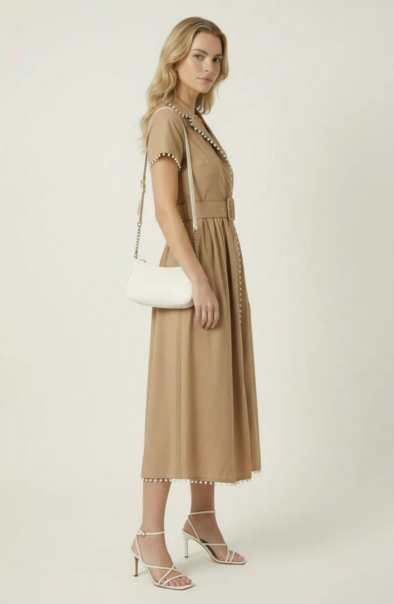 Modenaire Short Sleeve Collared Midi Dress with Pearl Details and Statement Belt, Alternate, color, Beige