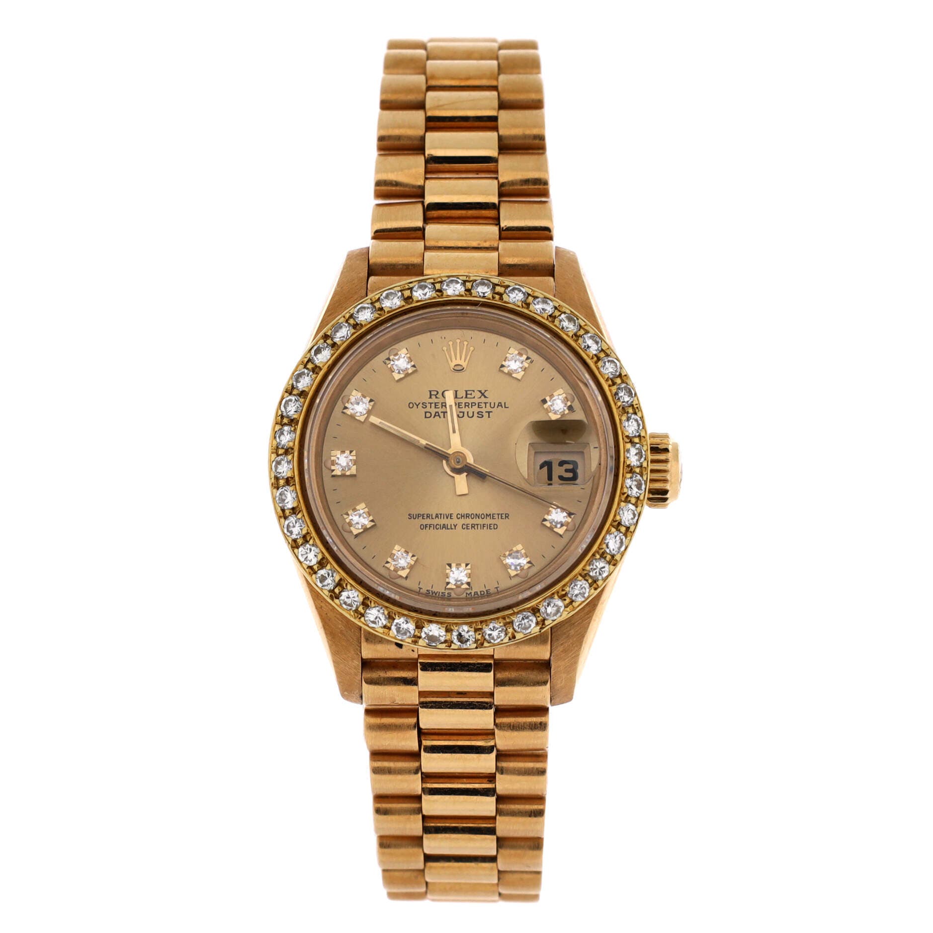 Oyster Perpetual President Datejust Automatic Watch Yellow Gold with Diamond Bezel and Markers 26, Main, color, Metallic Gold