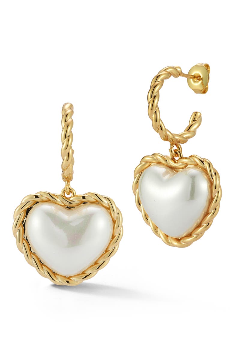 Faux Pearl Heart Drop Earrings, Main, color, GOLD