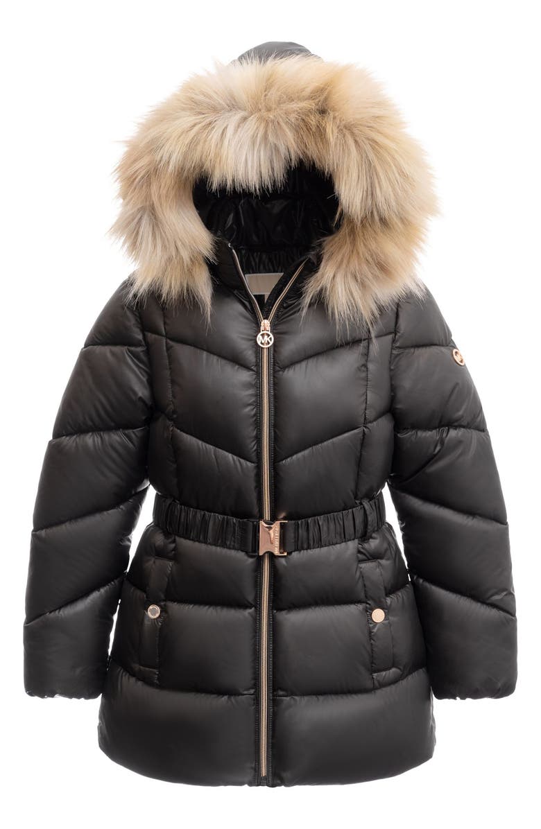 Michael Kors Kids' Belted Puffer Jacket with Faux Fur Trim, Main, color, 