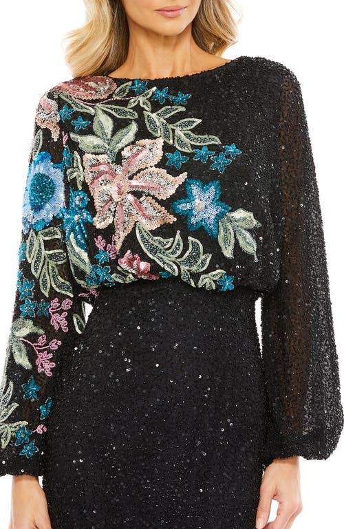 Mac Duggal Embellished Multi Color Floral High Neck Gown In Black Multi
