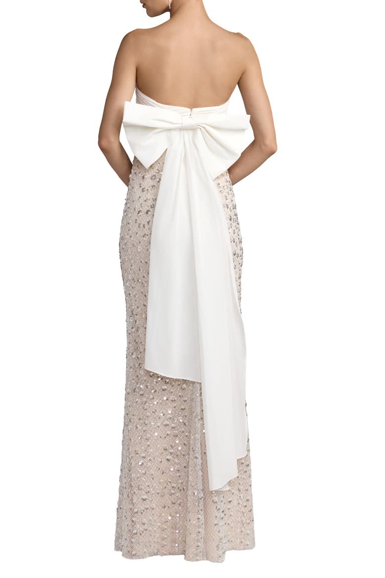 Strapless Embellished Column Gown With Bow, Alternate, color, Ivory Nude