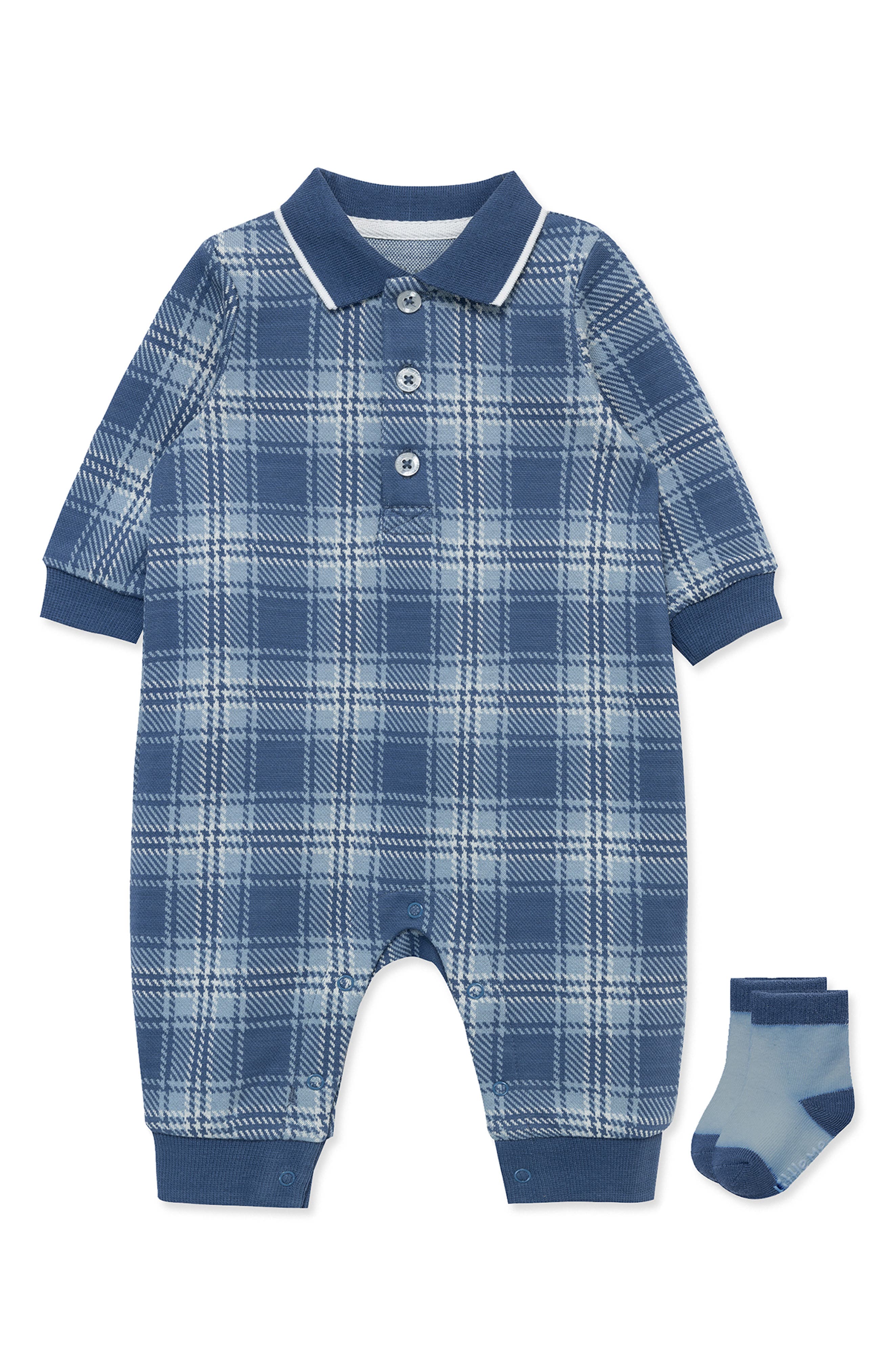 Little Me Plaid Cotton Romper & Socks Set in Blue 