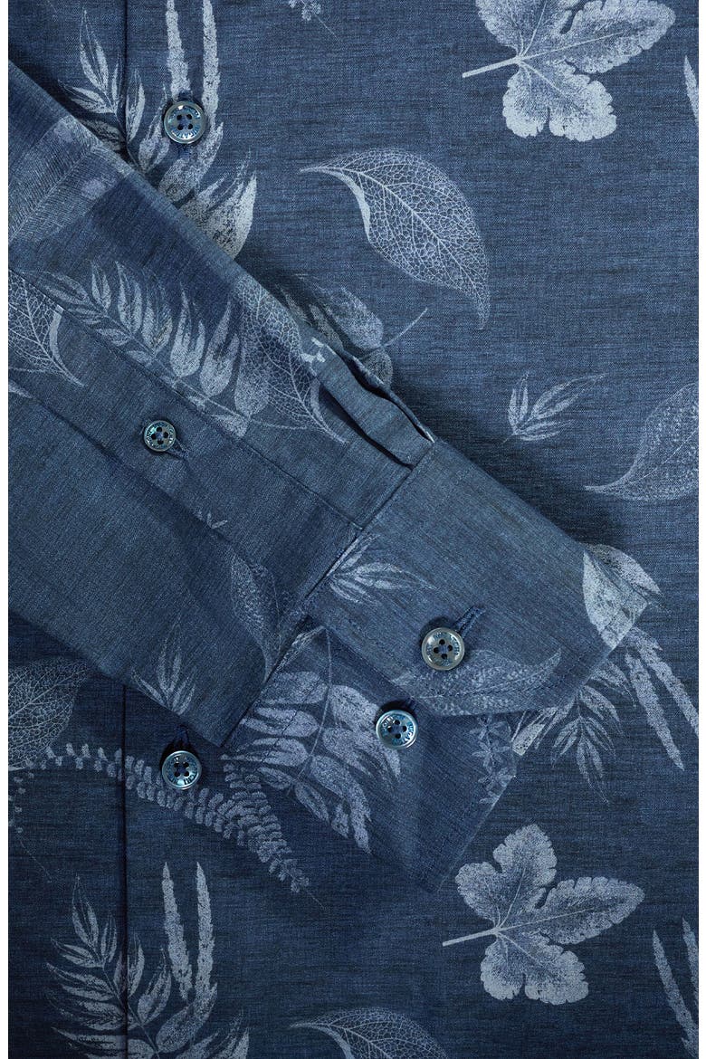 Julian Shaped Fit Leaf Print Stretch Cotton Button-Up Shirt, Alternate, color, NAVY
