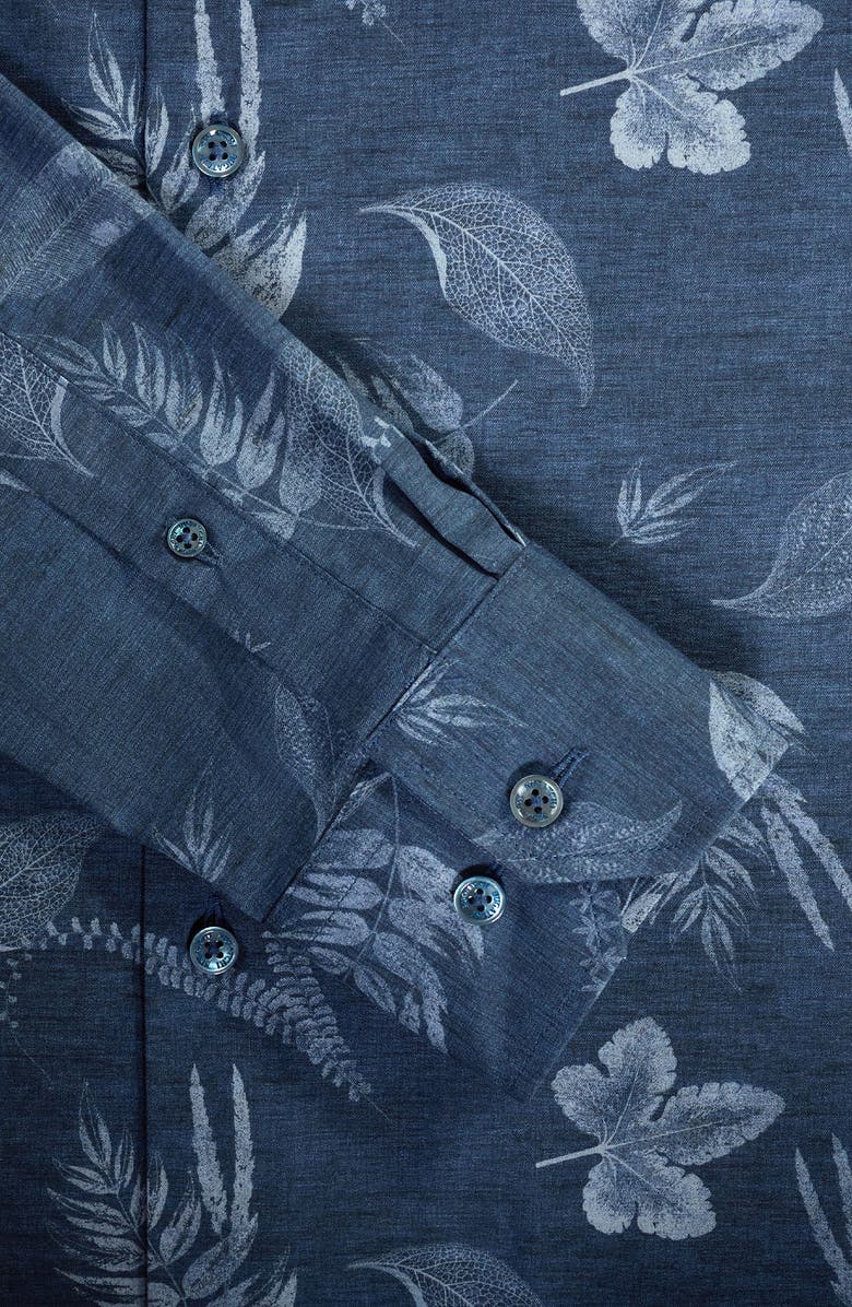 Bugatchi Julian Shaped Fit Leaf Print Stretch Cotton Button-Up Shirt, Alternate, color, Navy