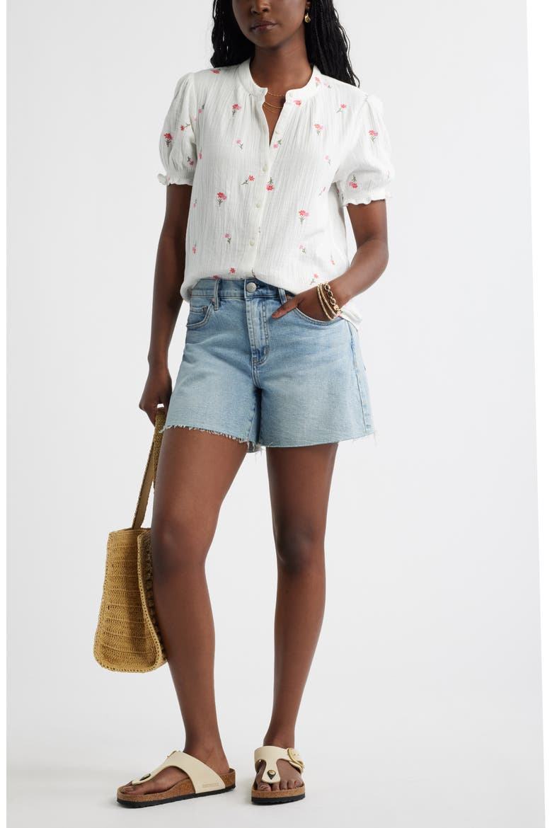 Short Sleeve Embroidered Flower Cotton Popover Top, Alternate, color, IVORY- PINK TOSSED BLOSSOMS