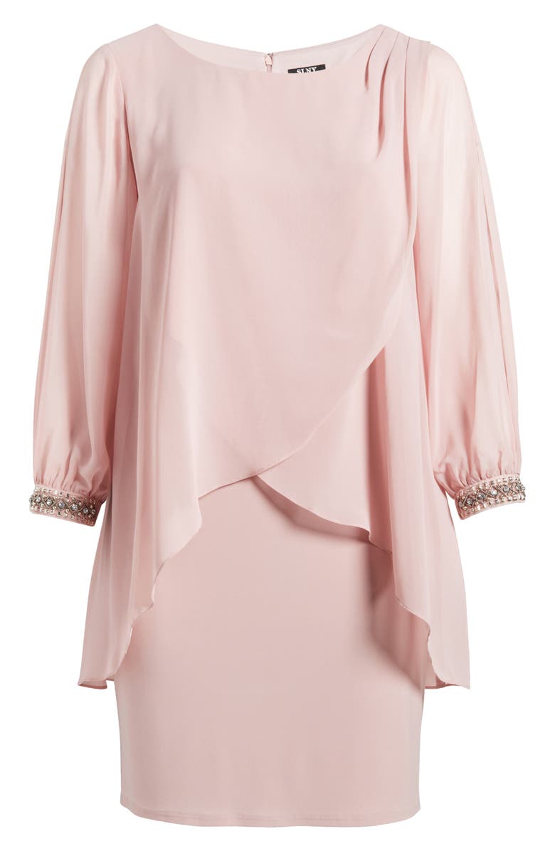 SL FASHIONS Beaded Overlay Long Sleeve Chiffon Cocktail Dress, Alternate, color, Faded Rose