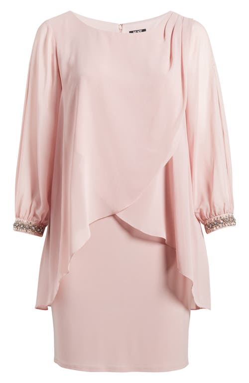 Shop Sl Fashions Beaded Overlay Long Sleeve Chiffon Cocktail Dress In Faded Rose