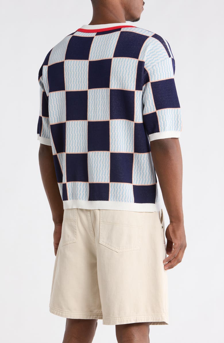 CRIMINAL DAMAGE Checkerboard Embroidered Jacquard Knit Polo, Alternate, color, Blue/ Ecru/ Red