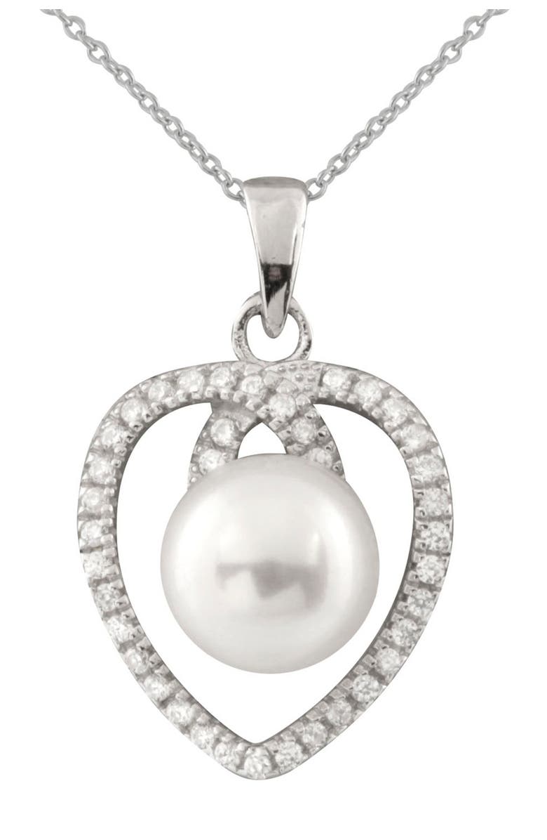 SPLENDID PEARLS CZ & White 7-8mm Cultured Freshwater Pearl Heart Pendant Necklace, Main, color, 