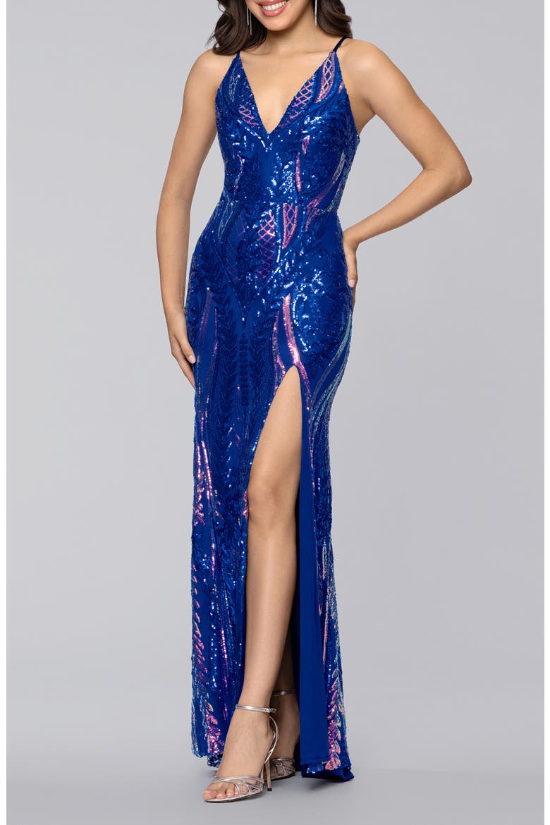 V-Neck Sequin Gown, Alternate, color, ROYAL MULTI