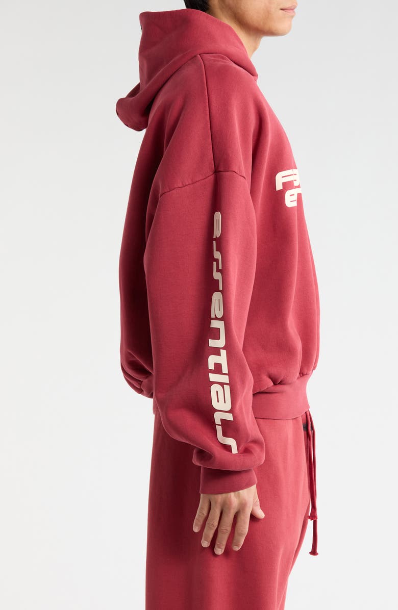 Fear of God Essentials Logo Graphic Print Relaxed Crop Hoodie, Alternate, color, Crimson