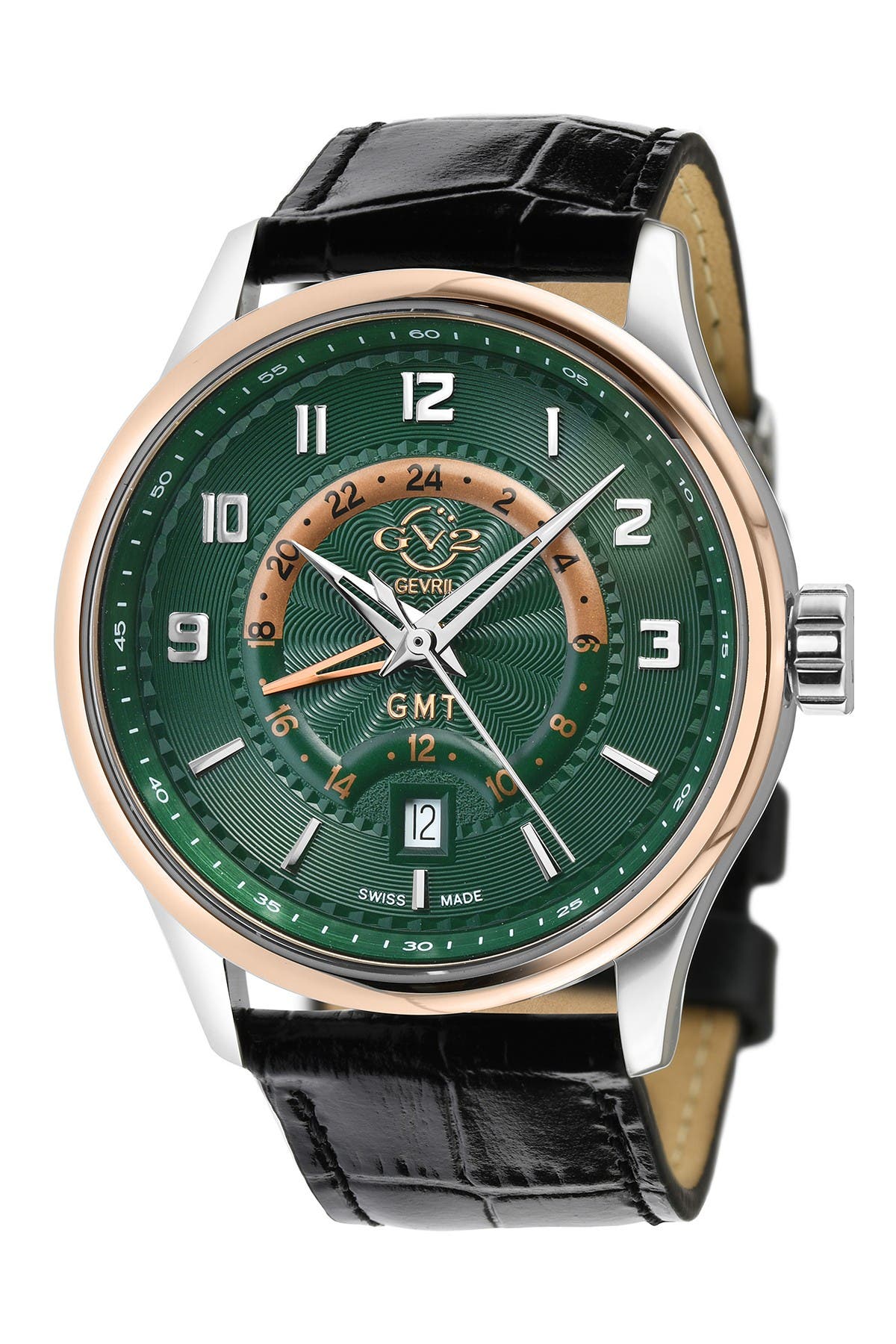GV2 Men&#39;s Giromondo Green Dial Black Calfskin Leather Watch, 42mm