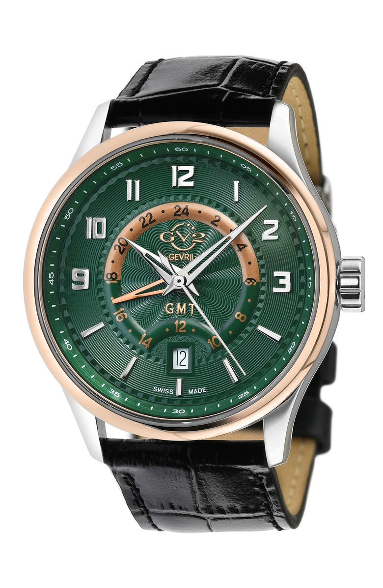 GV2 Men's Giromondo Green Dial Black Calfskin Leather Watch, 42mm, Main, color, Black
