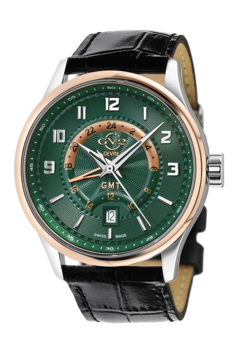 Men's Giromondo Green Dial Black Calfskin Leather Watch, 42mm