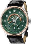GV2 Men's Giromondo Green Dial Black Calfskin Leather Watch, 42mm