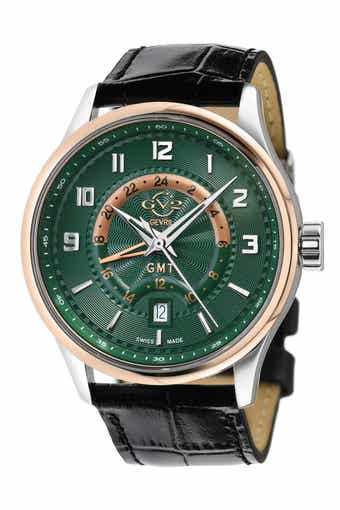 GV2 Men's Giromondo Green Dial Black Calfskin Leather Watch, 42mm