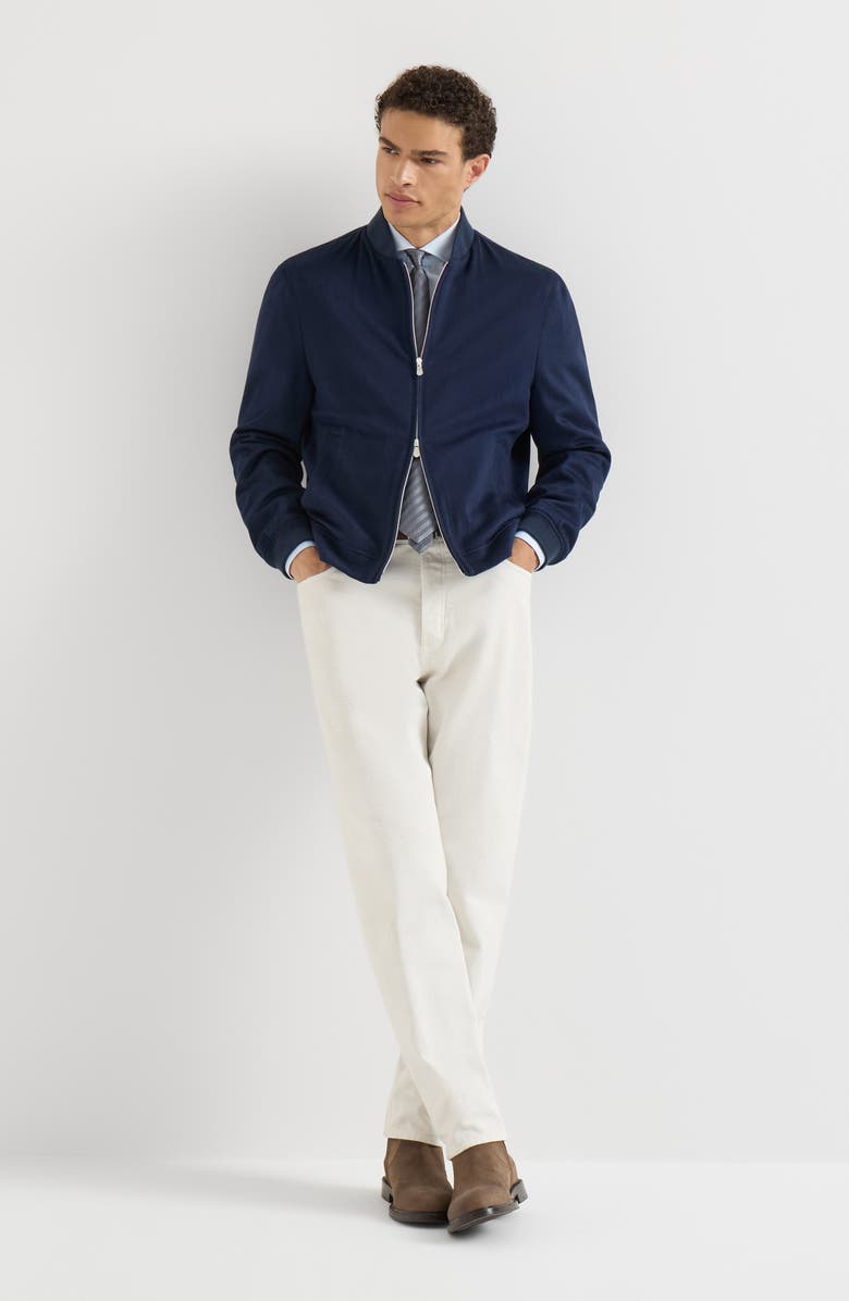 Brunello Cucinelli Lightweight cashmere flannel bomber jacket, Alternate, color, Blue