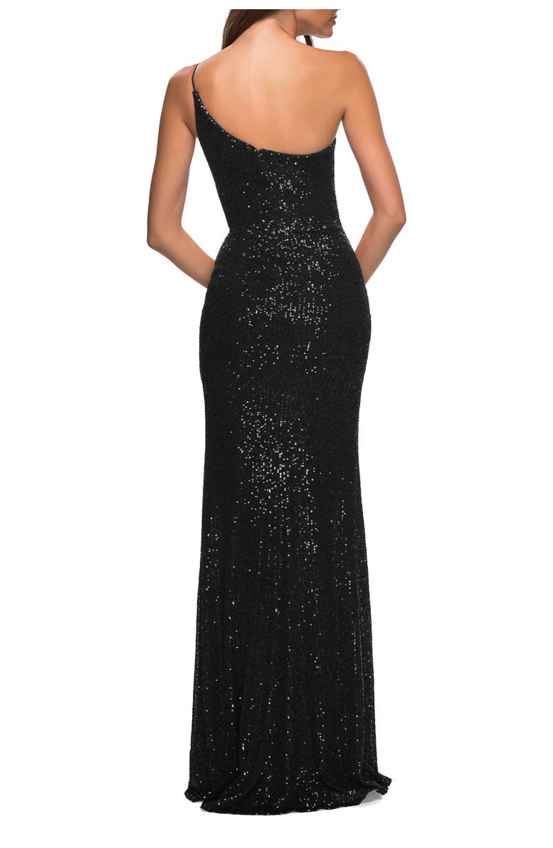 La Femme Simple One Shoulder Long Sequin Evening Gown, Alternate, color, Black