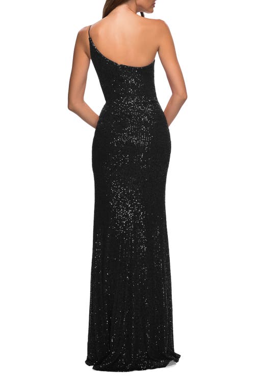 La Femme Simple One Shoulder Long Sequin Evening Gown In Black