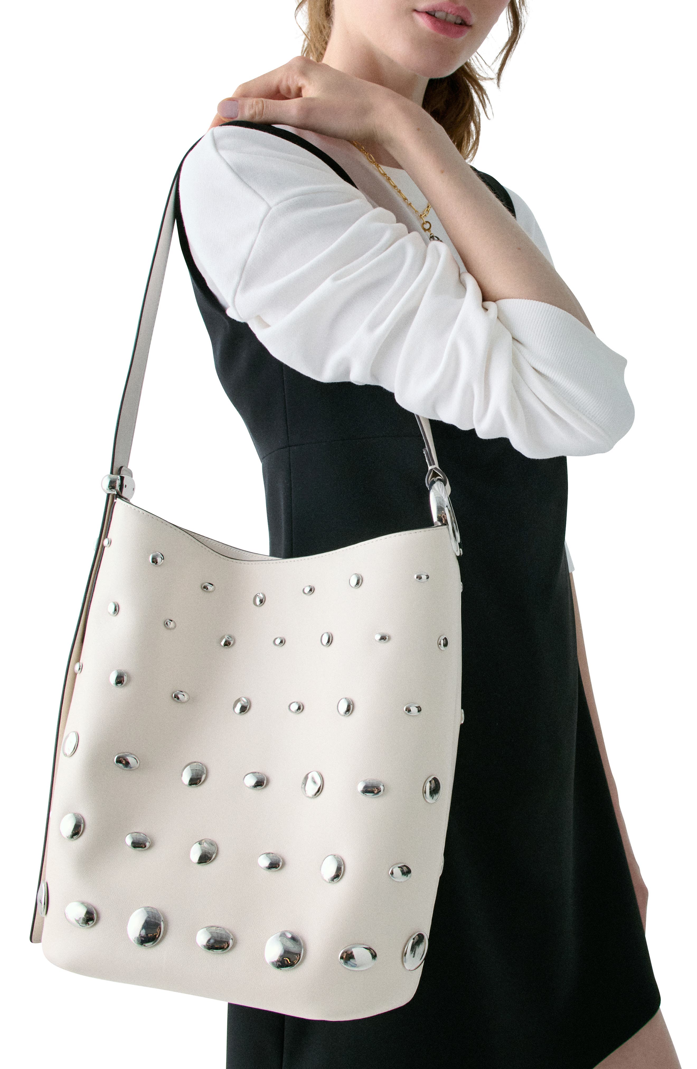 Kate Spade New York halo stud fine grain leather bucket bag, Alternate, color, Cream.