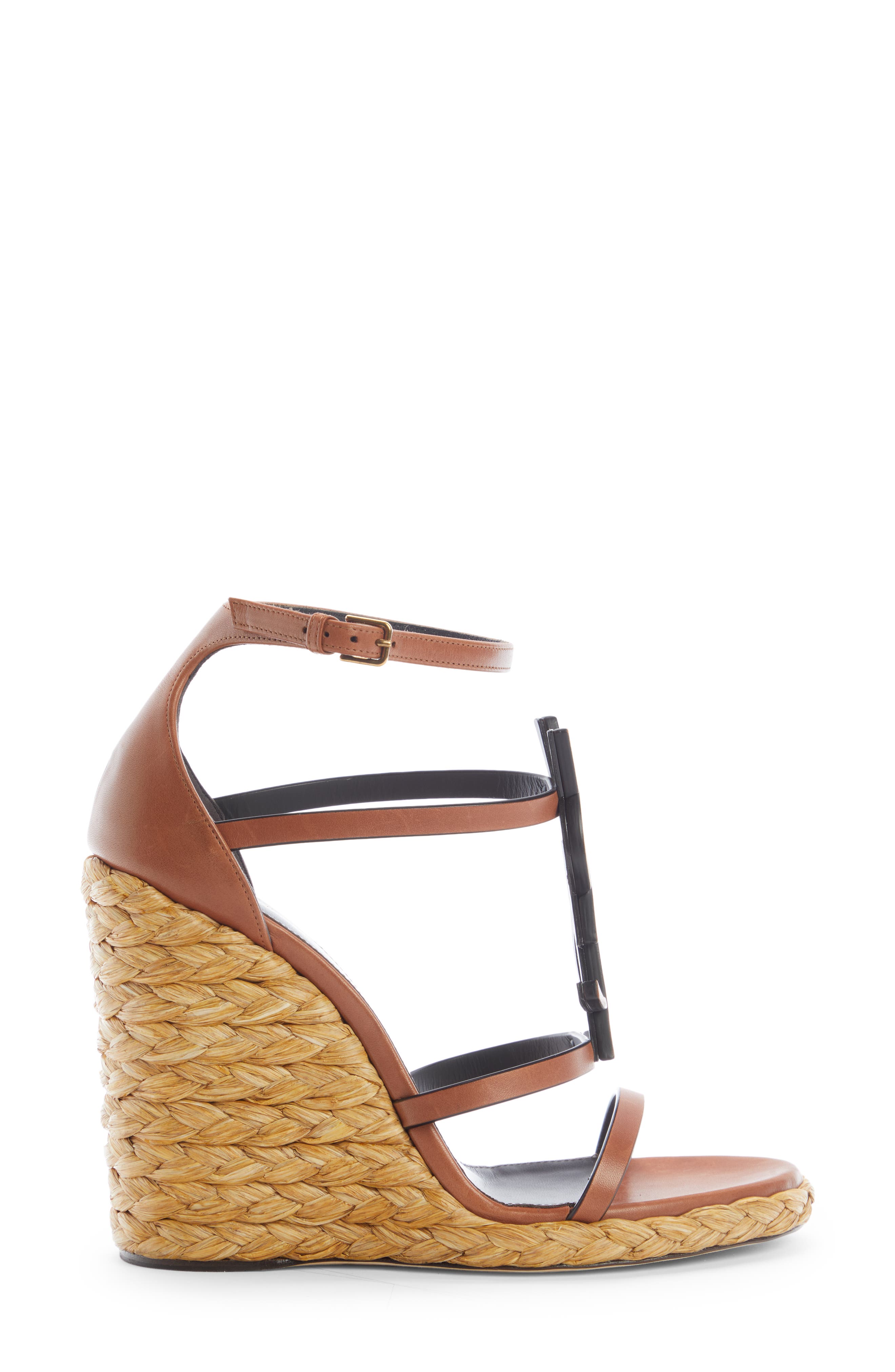 Cassandra YSL Logo Raffia Wedge Sandal, Alternate, color, NEW PAPAYA