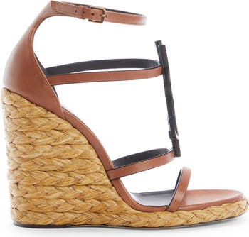 Cassandra YSL Logo Raffia Wedge Sandal