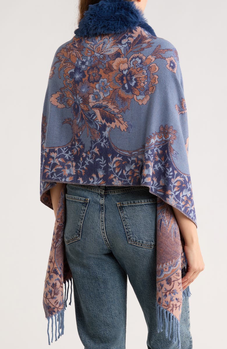 La Fiorentina Floral Print Faux Fur Trim Wrap, Alternate, color, Blue