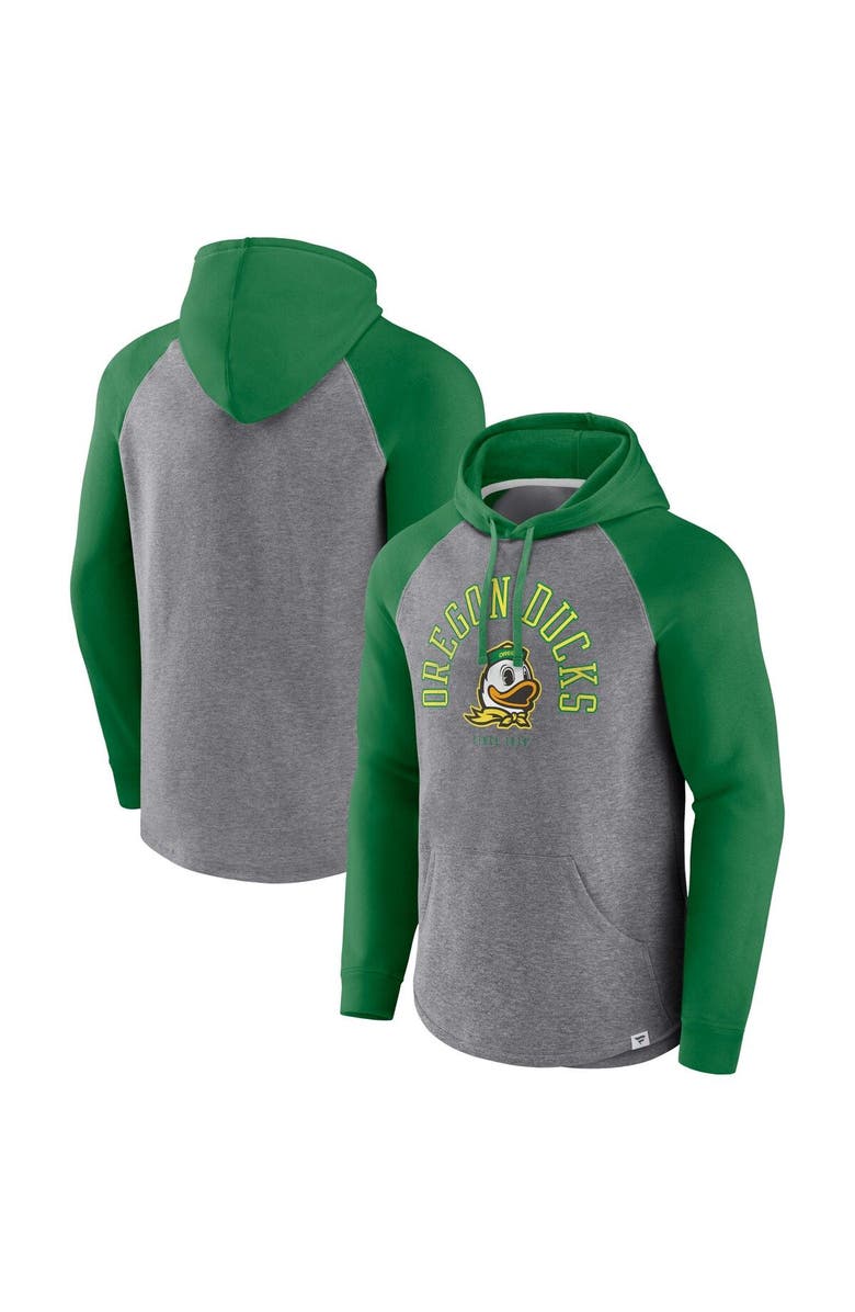 FANATICS Men's Fanatics Branded Green/Heather Gray Oregon Ducks Wrap Up Raglan Pullover Hoodie, Main, color, 