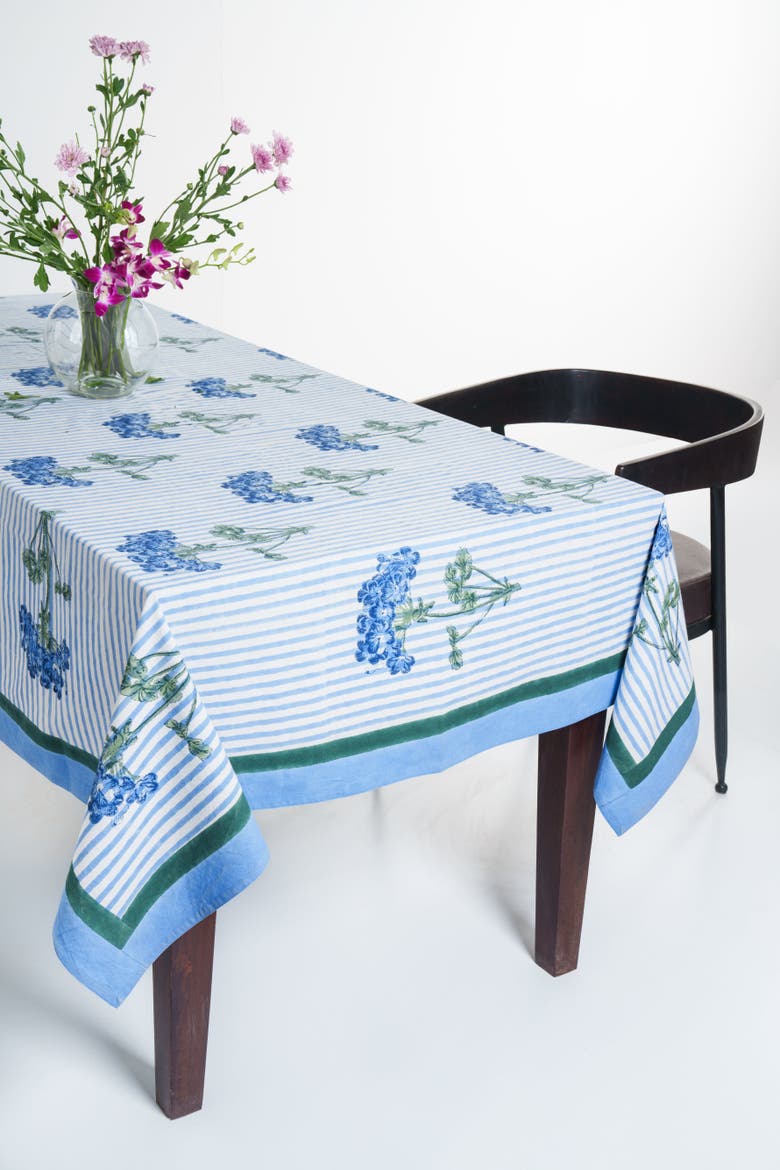 Hydrangea Blockprint Tablecloth, Main, color, Blue - 70x120