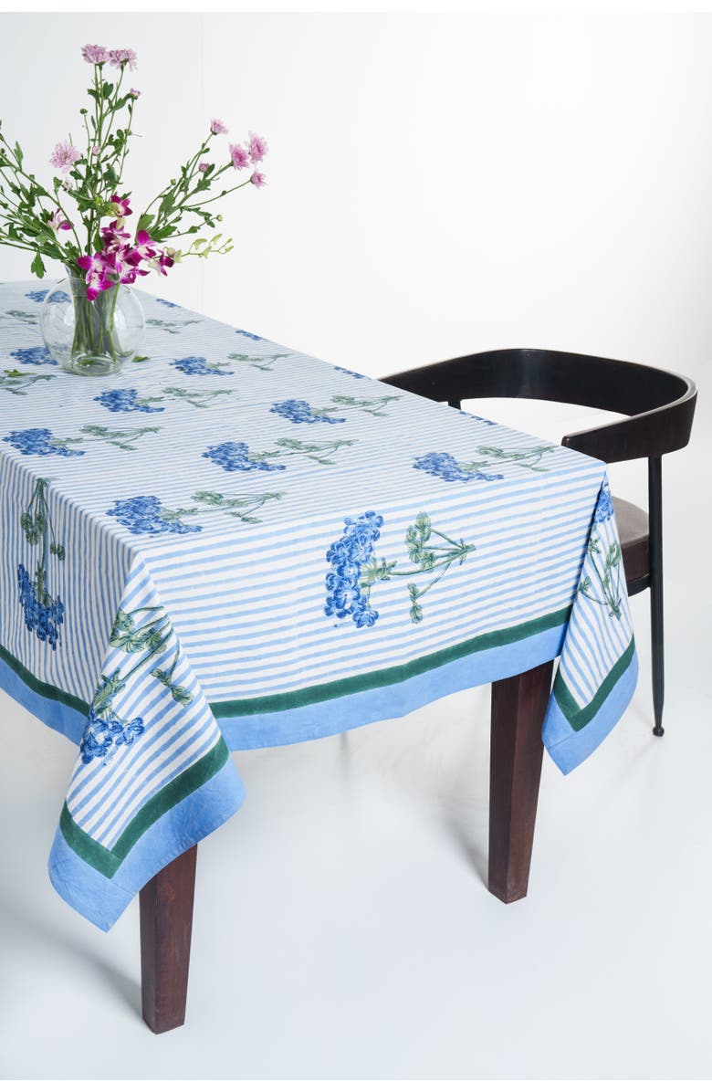 Inner Child Hydrangea Blockprint Tablecloth, Main, color, Blue - 70X120
